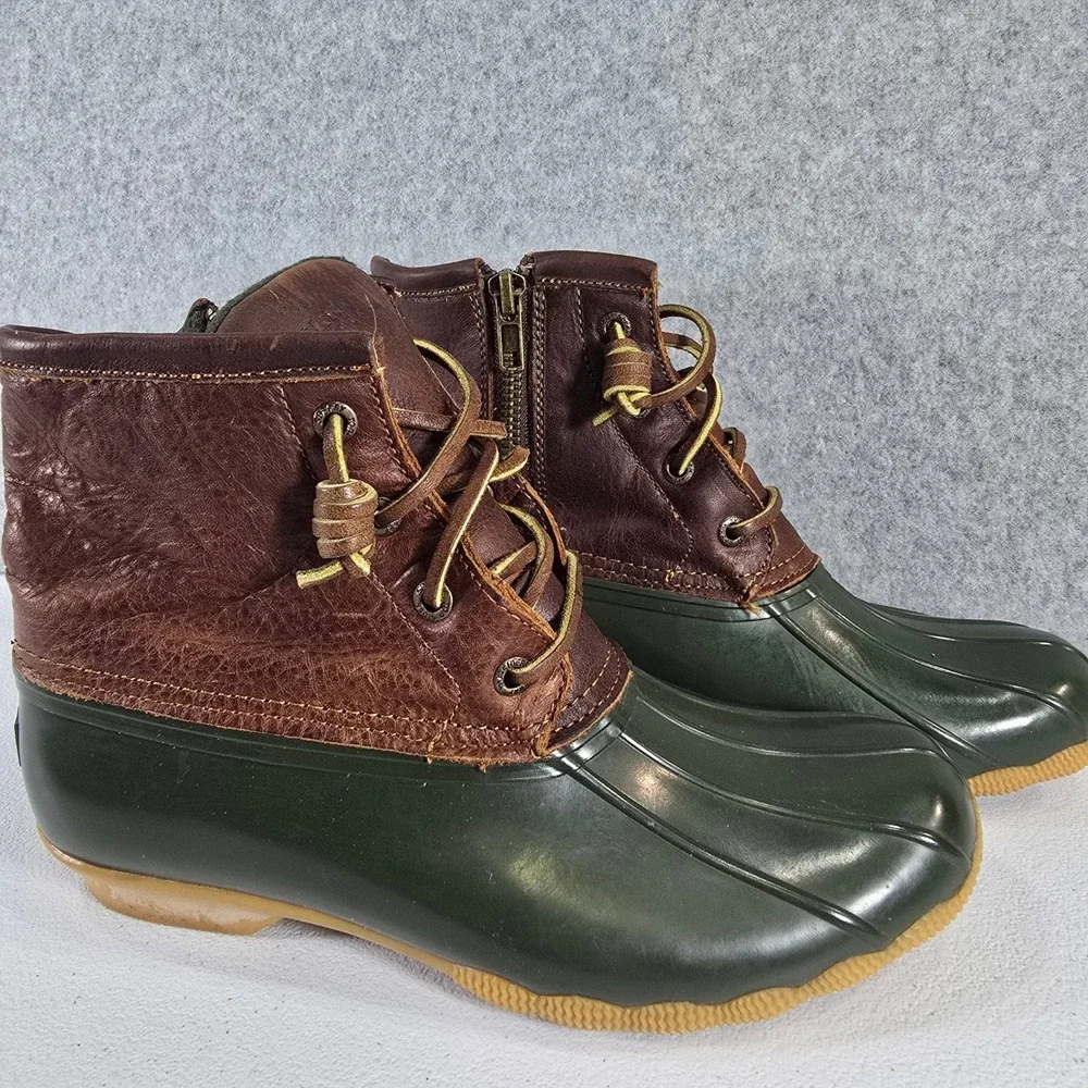 Sperry Saltwater Duck Boots Womens 6.5 Green Brown Leather Waterproof STS90998